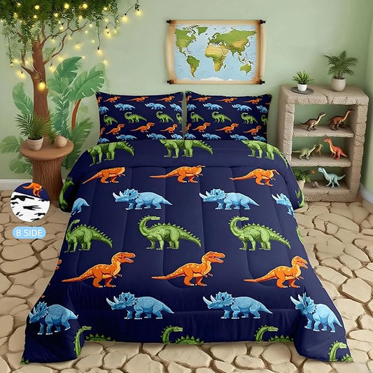Cartoon Dinosaur Bedding Set Full, Dark Blue Dinosaur Comforter Set for Kids Dinosaurs Print Comforter Boys Girls Jungle Dino Duvet Set Breathable Bedroom Decor with 2 Pillow Case