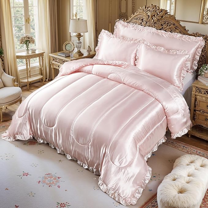 Pink Queen Comforter Set Silk Like Satin Bedding Set 4 Pcs Hotel Soft Polyester Satin Bed Set Luxury Silky Body Pillow Cover Ruffle Down Comforter Home Decor