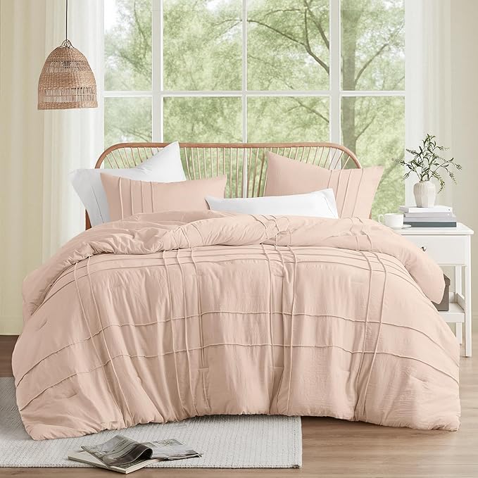 Comfort Spaces Blush Queen Size Comforter Set - 3 Piece Pintuck Pleated Bedding Set, All Season Lightweight, Extra Softness Pre-Washed Microfiber Bed Set, Shams