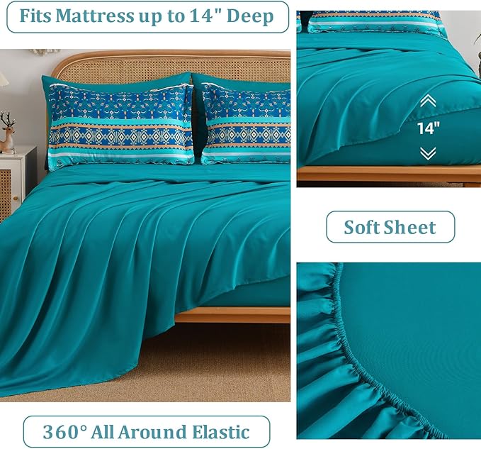 Boho Comforter Set Queen Size,7 Pieces Comforter Bedding Set Bed in a Bag Bohemian,Turquoise Blue Paisley Floral Comfortet and Sheet Set,Soft Striped Bedding Sets for All Season