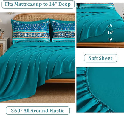 Boho Comforter Set Queen Size,7 Pieces Comforter Bedding Set Bed in a Bag Bohemian,Turquoise Blue Paisley Floral Comfortet and Sheet Set,Soft Striped Bedding Sets for All Season