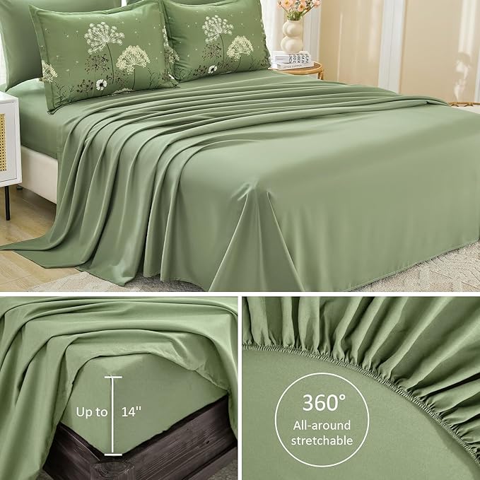 Yiran 7 Piece Sage Green Floral Comforter Set King Size, Dandelion Plant Botanical Comforter Bedding Set, Bed in a Bag King, Soft Microfiber Complete Bedding Set with Sheets for All Season