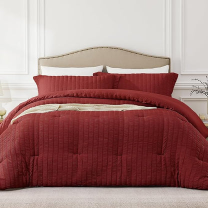 Twin Comforter Set Dark Red,2PCS Seersucker Lightweight Bedding Comforter for All Season, Twin Size(68''×90'' Comforter & 1 Pillowcase)