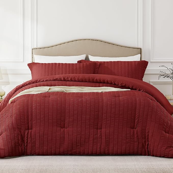 Oversized Queen Comforter Set Dark Red,Extra Length Fit for Thick Mattresses,3PCS Seersucker Bedding Comforter for All Season, Oversized Queen Size(98''×98'' Comforter & 2 Pillowcases)