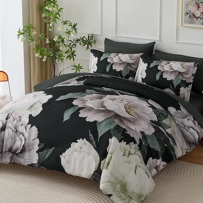 Dobuyly Black Comforter Set Queen 7 Piece Bed in a Bag, Floral Comforter Set with Sheets, Soft Microfiber Botanical Flower Bedding Set for All Season