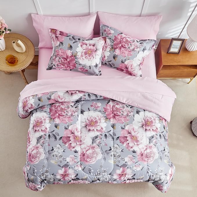 Joyreap 3pcs Floral Comforter Set Twin, Tie-dye Pink Flowers on Gray Design, Microfiber Lightweight Bedding Comforter Set for All Season- 68x88 inches