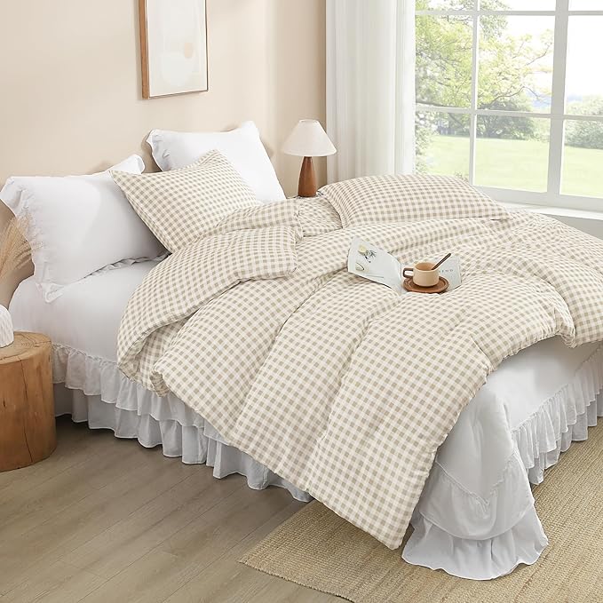 Andency Beige Gingham Comforter Set Full(79x90Inch), Cream Checkered Grid Plaid Buffalo Bed Set for Girls Boys Kids Teens, 3 Pieces Lightweight Microfiber Geometric Preppy Bedding