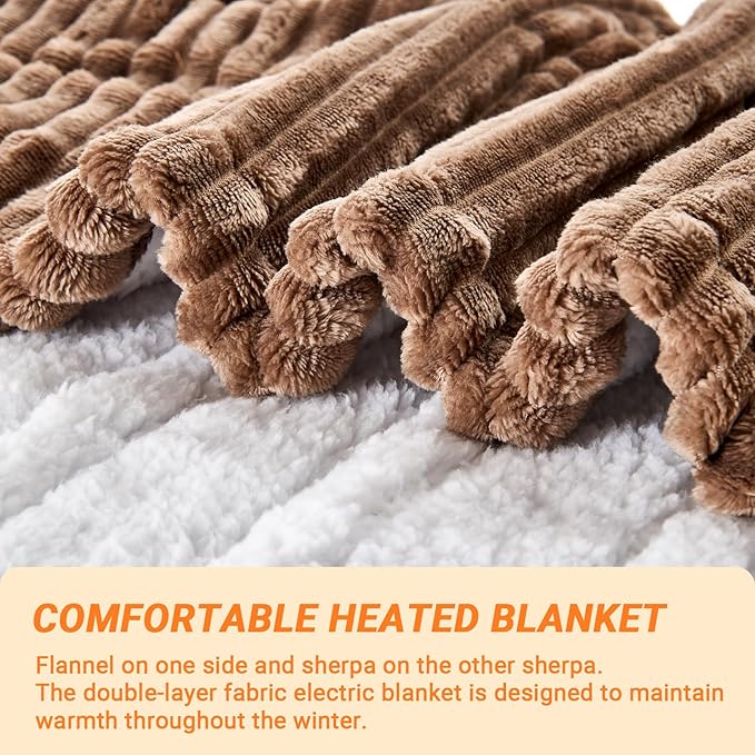 Heated Blanket Electric Queen, Soft Flannel Heating Blanket with 8 Hours Auto Off 10 Fast Heating Levels Machine Washable Sherpa Heated Blanket with Overheating Protection
