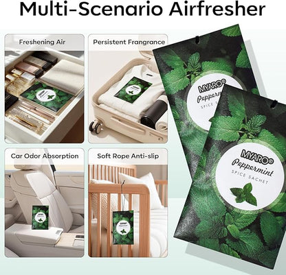 MYARO 12 Pack Peppermint Scented Sachets for Drawer, Closet & Car | Invigorating Odor Eliminator & Air Freshener Bags | Crisp, Cool Mint Fragrance for Shoes, Gym Bag & Home