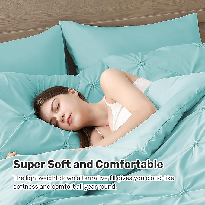 UNIKOME Queen Comforter Set Aqua Blue - Ultra Soft Boho Pintuck Down Alternative Bedding Set for All Seasons, 3 Pieces Lightweight Warm Pinch Pleat Bed Set with Comforter, 2 Pillowcases