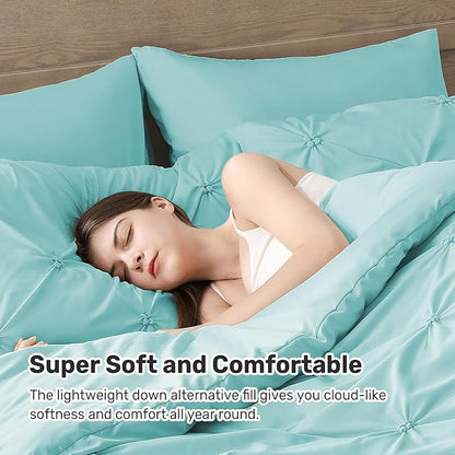 UNIKOME Queen Comforter Set Aqua Blue - Ultra Soft Boho Pintuck Down Alternative Bedding Set for All Seasons, 3 Pieces Lightweight Warm Pinch Pleat Bed Set with Comforter, 2 Pillowcases