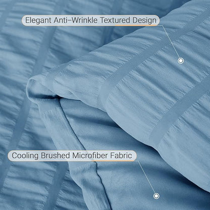 MUXHOMO 7 Pieces Queen Comforter Set, Seersucker Bed in a Bag Queen Size, All Season Luxury Bedding Set with Comforter, Flat Sheet, Fitted Sheet, Pillowcases & Shams, Mineral Blue