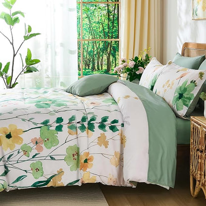 Anibedding 8Pieces Queen Comforter Set, Sage Green Watercolor Floral Queen Size Bed in a Bag Comforter Set with Pillowcase, Sheets for All Season
