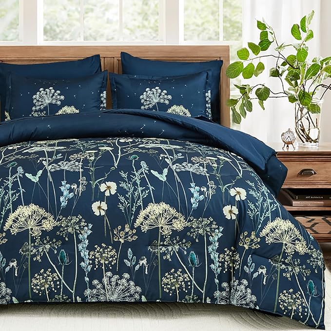 Yiran Navy Blue Floral Comforter Set King Size, 7 Piece Dandelion Botanical Spring Comforter Bedding Set, Bed in a Bag King, Soft Microfiber Complete Bedding Set with Sheets for All Season