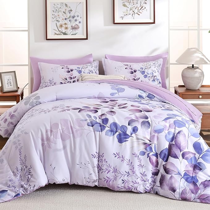 Xruibed Purple Comforter Set Queen Size 7 Pieces Bed in a Bag, Botanical Floral Print Bed Sets, Elegant Flower Comforter with Sheet Set, Soft Microfiber Bedding Set for All Season (Purple, 90"x90")