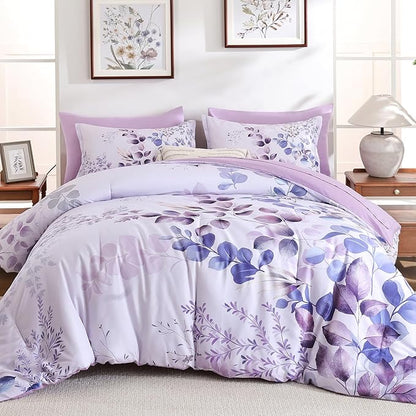 Xruibed Purple Comforter Set Queen Size 7 Pieces Bed in a Bag, Botanical Floral Print Bed Sets, Elegant Flower Comforter with Sheet Set, Soft Microfiber Bedding Set for All Season (Purple, 90"x90")