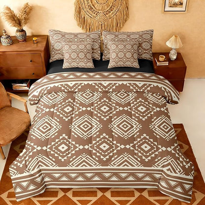 Erosebridal Western Aztec Bed in A Bag 7 Pcs Retro Native Southwestern Comforter Set for Kids Boy Girls Rustic Ethnic Tribal Geometric Bedding Sets Full Brown Exotic Bohemian Sheet Set with Comforter