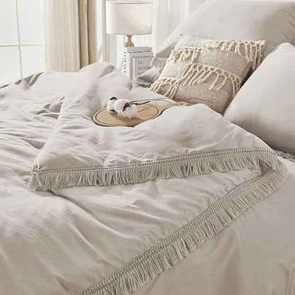 Andency Full Size Comforter Set Heather Grey -7 Pieces Boho Tassel Bed in a Bag Soft Lightweight Bedding Sets, Fringe All Season Bed Set with Comforter, Sheets, Pillowcases & Shams