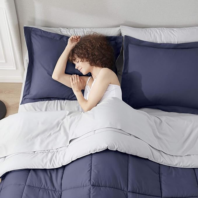 Nestl 7 Piece Full Comforter Set – Navy Reversible Bed in a Bag – Complete Full Size Bedding Set with Sheets, Pillowcases and Shams