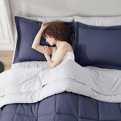 Nestl 7 Piece Full Comforter Set – Navy Reversible Bed in a Bag – Complete Full Size Bedding Set with Sheets, Pillowcases and Shams