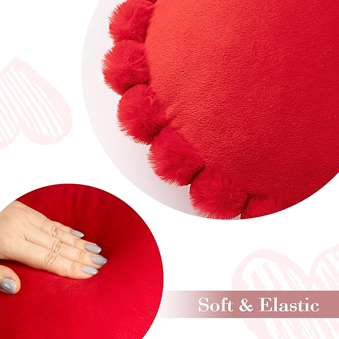 AELS Heart Shaped Pillow, Set of 2, Velvet Throw Pillows, Soft Velvet Love Pillows with Faux Fur Pom Poms, 20 & 16 Inches, Cute Valentines Day Decorations, Wedding Decor, Red