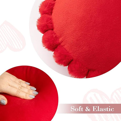 AELS Heart Shaped Pillow, Set of 2, Velvet Throw Pillows, Soft Velvet Love Pillows with Faux Fur Pom Poms, 20 & 16 Inches, Cute Valentines Day Decorations, Wedding Decor, Red