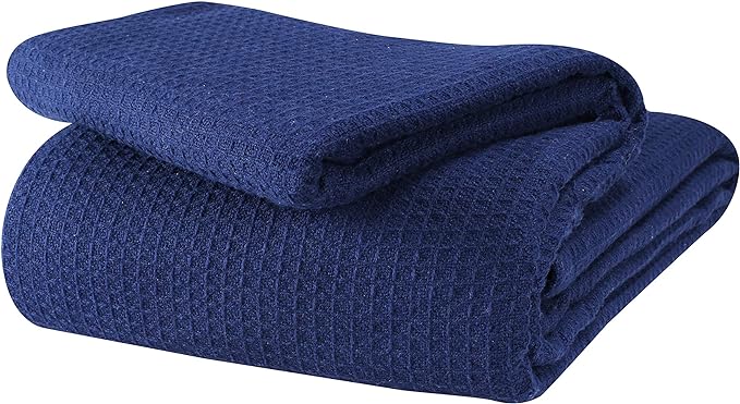 Glamburg 100% Cotton Thermal Bed Blanket, Soft Waffle, Queen Size, All Season, Navy Blue