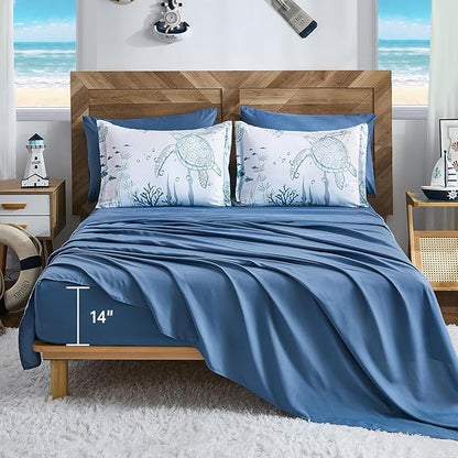 Comforter Set King Size Coastal, Seaweed & Turtle Comforters 7 Pieces Ocean Coral Bed in a Bag Nautical Bedding with Sheets for Spring Summer Decor