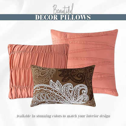 Elegant Comfort 12-Piece Bed-in-a-Bag, Ella Pleated Ruched Pintuck Comforter Set, 6-Piece Sheet Set Featuring Smart Pockets, Matching Decorative Pillows, All Season Bedding,California King, Dusty Rose