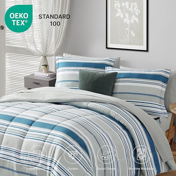 Monbix Full Size Comforter Set - 7 Pieces Bed in a Bag Full, Blue-Stripe Bedding Sets, All Seasons Comforter Bed Set with Sheets, Pillowcases & Shams