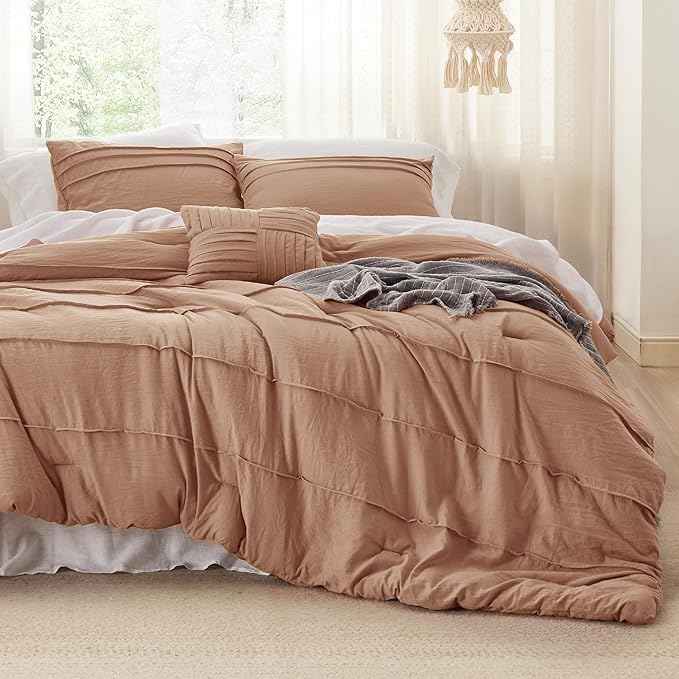 Bedsure California King Comforter Set - 4 Pieces Pinch Pleat Bed Set, Taupe Boho Bedding for All Season, 1 Soft Comforter, 2 Pillowcases, 1 Decorative Pillow