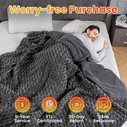 WOOMER Heated Blanket Full Size 77" x 84", Electric Blanket with a Control, 0.5-12 Hours Timer & 10 Heating Levels, ETL Certified, Dark Grey Roses Patterns Faux Fur & Sherpa, Machine Washable