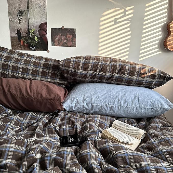 mixinni Vintage Blue & Brown Buffalo Plaid Comforter Set Queen Size - 3-Piece Washed Cotton Soft Geometric Checkered Pattern Bedding Set for All-Seasons Lightweight & Breathable-Queen Size