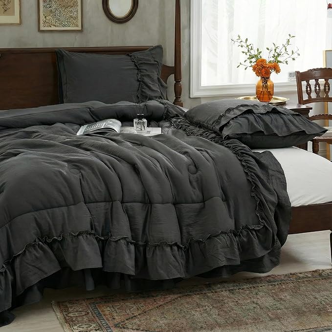 Dark Grey Comforter Set King Boho Bedding Set Shabby Chic 2 Layers Ruffled Bedroom Home Decor Ultra Soft Microfiber Farmhouse Down Comforter Bohemian Quilt Set