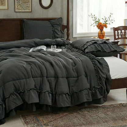 Dark Grey Comforter Set King Boho Bedding Set Shabby Chic 2 Layers Ruffled Bedroom Home Decor Ultra Soft Microfiber Farmhouse Down Comforter Bohemian Quilt Set