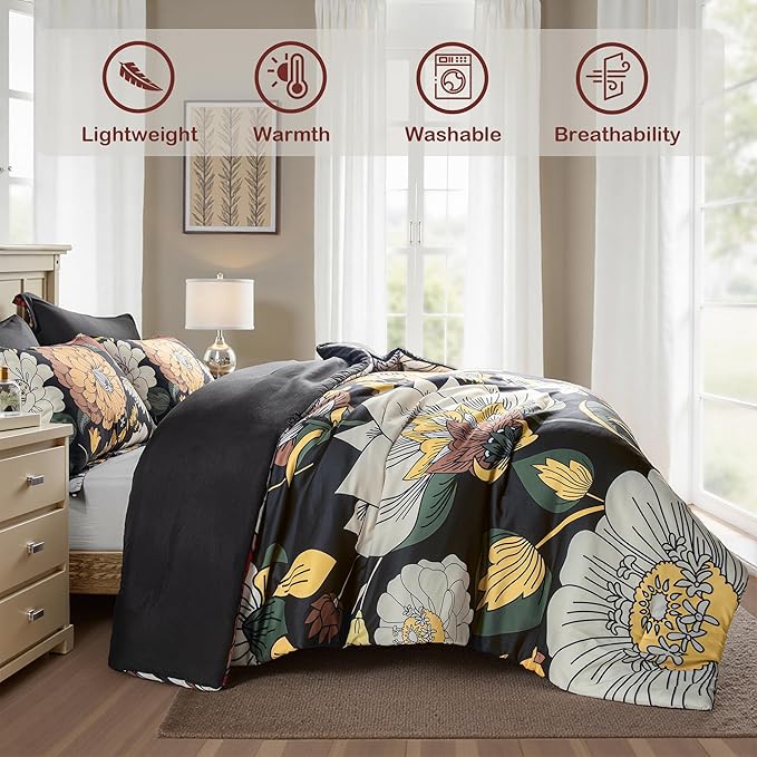 Black Boho Floral Twin Comforter Set - 2 Piece Farmhouse Botanical Bedding Comforter Sets for All Season Soft Lightweight Mid Century Bed Set, (1 Reversible Comforter and 1 Pillow Sham