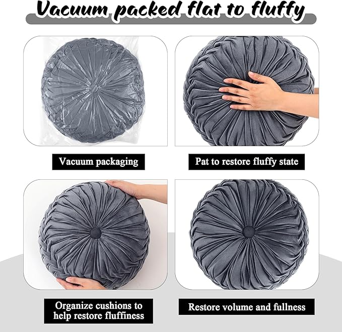 3 Pcs Round Throw Pillows Decorative Velvet Pleated Throw Pillows 15'' Diameter Accent Pumpkin Boho Chair Cushion for Couch Sofa Chair Bed Home Decoration (Black,White,Gray)