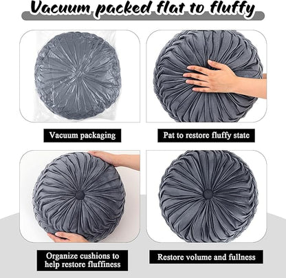 3 Pcs Round Throw Pillows Decorative Velvet Pleated Throw Pillows 15'' Diameter Accent Pumpkin Boho Chair Cushion for Couch Sofa Chair Bed Home Decoration (Black,White,Gray)