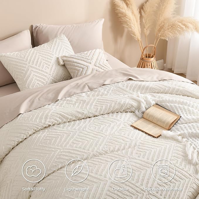 Andency Queen Comforter Set Beige, 3 Pieces Queen Size Comforter Sets Boho Cream Solid Bedding Set & Collections, All Season Tufted Farmhouse Bed Comforter Set (90x90 in Comforter & 2 Pillowcases)