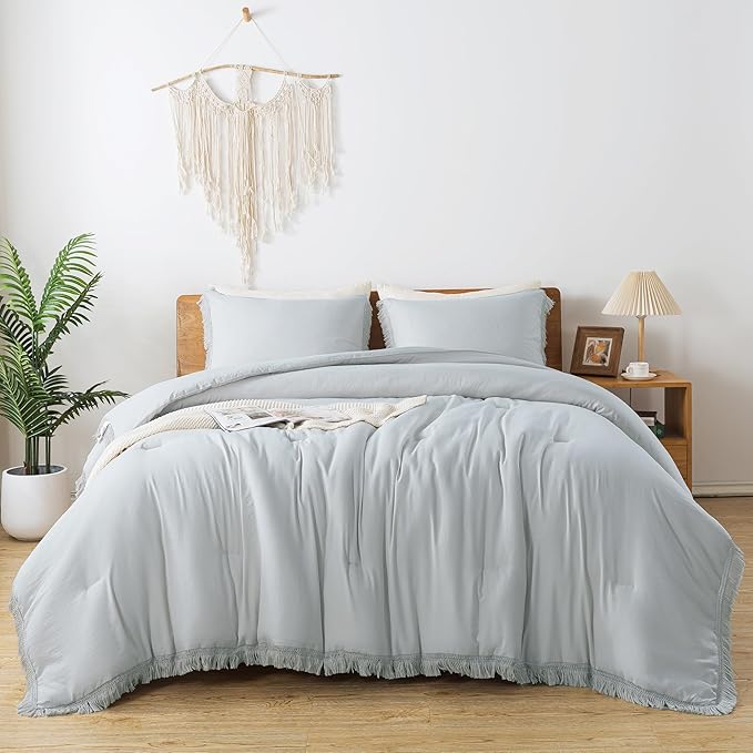 Andency Light Grey Comforter Set King, 3 Pieces Boho Tassel Lightweight Bedding Comforter Sets for King Bed, All Season Soft Fluffy Fringe Bed Set (104x90In Comforter & 2 Pillowcases)
