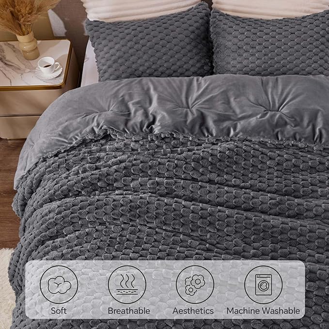 BEDELITE Fluffy Full Size Comforter Set - Dark Grey Fleece Soft Comforter for Full Size Bed, Luxury Warm Bedding Set for Winter, Fuzzy Bed Set 3 Pieces (1 Comforter, 2 Pillowcases)