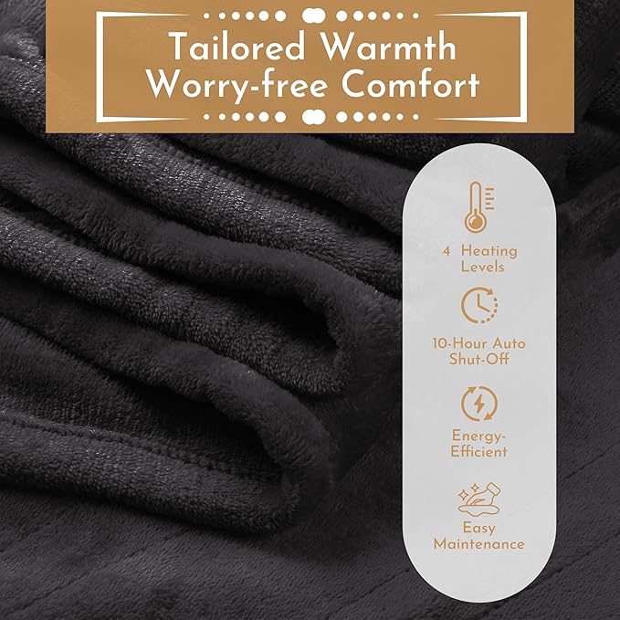 Electric Heated Blanket 72"x84" Full Size Flannel Heated Blanket, Cozy & Warm for All Night, 5 Heat Settings & 10 Hours Auto Off, Machine Washable, Iron Grey