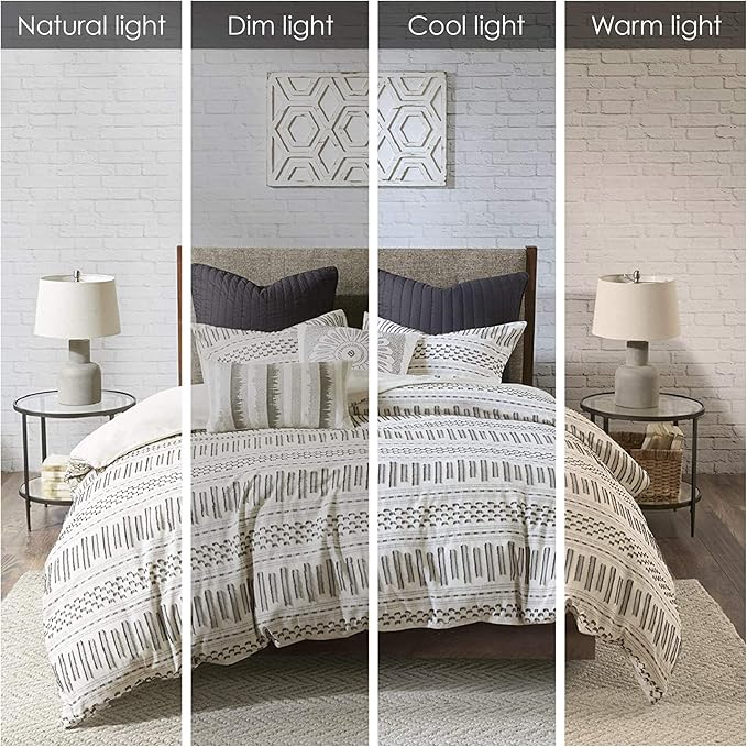 INK+IVY Rhea 100% Cotton Duvet Set Mid Century Modern Boho Design, All Season Comforter Cover Bedding Set, Matching Shams, King/Cal King, Geometric Clipped Jacquard Ivory 3 Piece