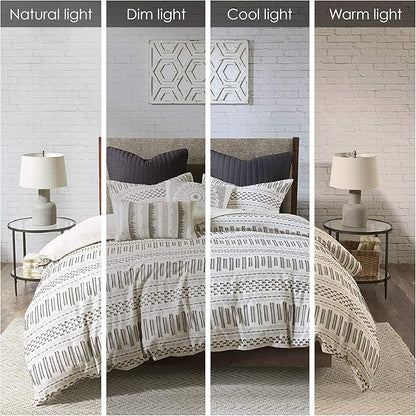INK+IVY Rhea 100% Cotton Duvet Set Mid Century Modern Boho Design, All Season Comforter Cover Bedding Set, Matching Shams, King/Cal King, Geometric Clipped Jacquard Ivory 3 Piece