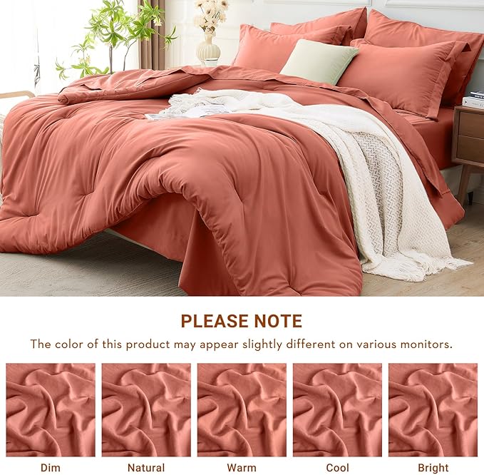MUXHOMO 7 Pieces Full Comforter Set, Soft Bed in a Bag Full Size, All Season Bedding Set with Comforter, Flat Sheet, Fitted Sheet, Pillowcases & Shams, Coral Red
