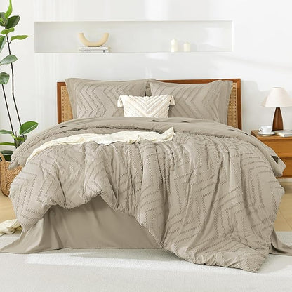 Litanika Light Hazel Full Size Comforter Set with Sheets - 7 Pieces Bed in a Bag Full Boho Tufted Complete Bedding Sets with Comforter, Sheets, Pillowcases & Shams