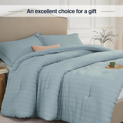 Queen Comforter Set Mist Blue,3PCS Seersucker Lightweight Bedding Comforter for All Season, Queen Size(90''×90'' Comforter & 2 Pillowcases)