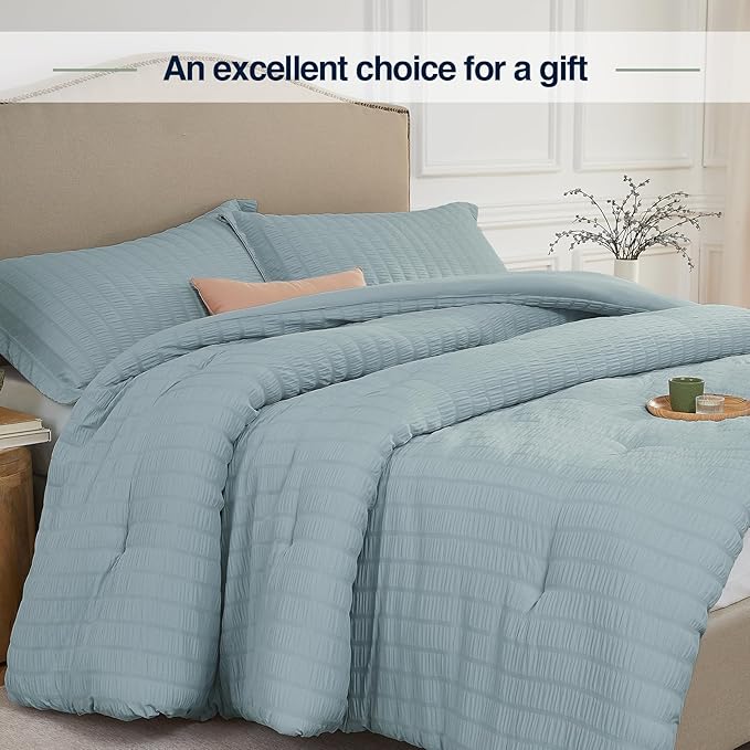 Oversized Queen Comforter Set Mist Blue,Extra Length Fit for Thick Mattresses,3PCS Seersucker Bedding Comforter for All Season, Oversized Queen Size(98''×98'' Comforter & 2 Pillowcases)