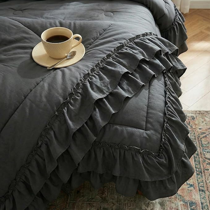 Dark Grey Comforter Set Queen Boho Bedding Set Shabby Chic 2 Layers Ruffled Bedroom Home Decor Ultra Soft Microfiber Farmhouse Down Comforter Bohemian Quilt Set