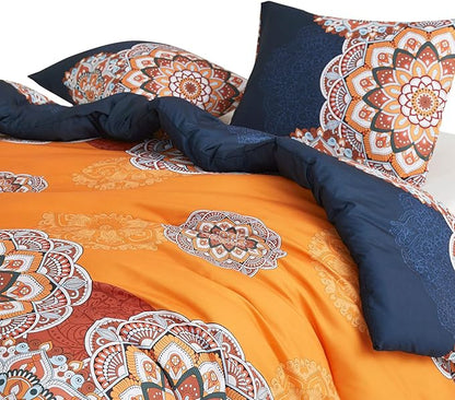 Wake In Cloud - Bohemian Comforter Set, Boho Chic Ornate Floral Elements Pattern Printed for Men Women, Soft Lightweight Bedding, 3 Pieces, Orange Navy, King Size